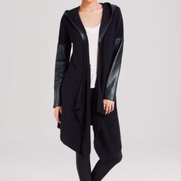 Blank NYC Jacket Cardigan Women Small Black Faux Leather Knit Open Front Hooded - Picture 1 of 7